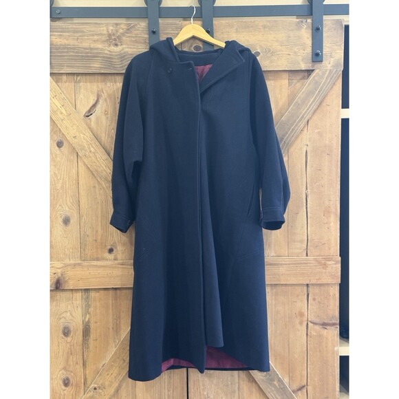 Vintage Luba 100% Pure Wool Women's Navy Blue Hooded Trench Coat Union Made